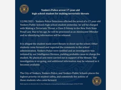 Yonkers Police arrest 17-year-old high school student for making terroristic threats